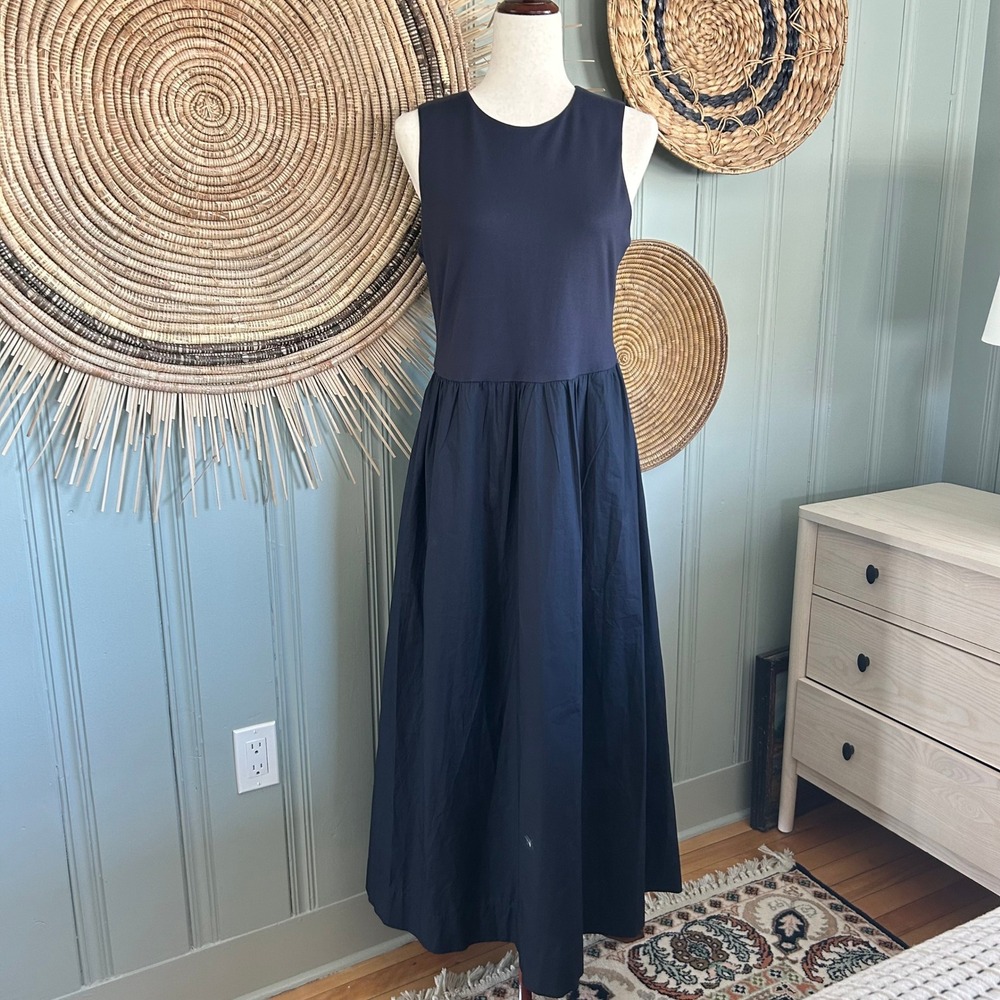 NWT Modenaire Navy Blue Sleeveless Fit & Flare Mixed Media Maxi Dress Women M